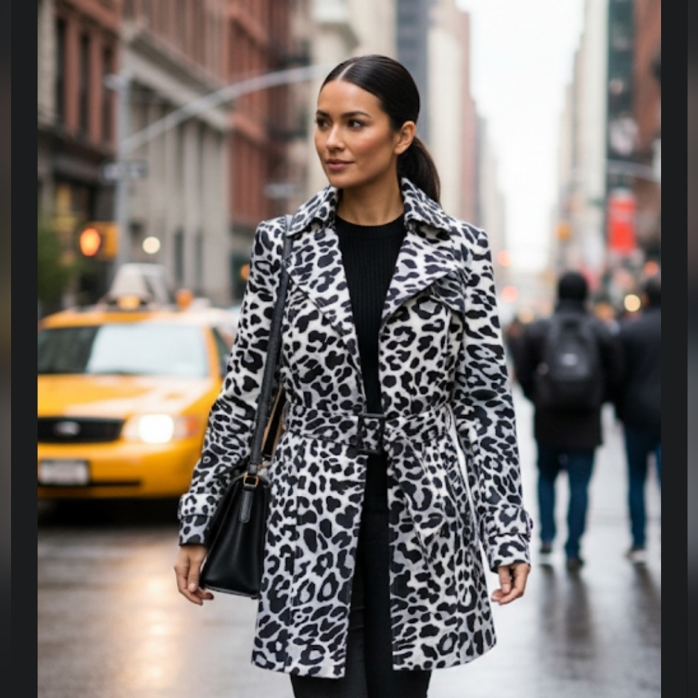Vintage Cache‎ Trench Coat Medium White Gray Leopard Print Belt Y2K Mob Wife